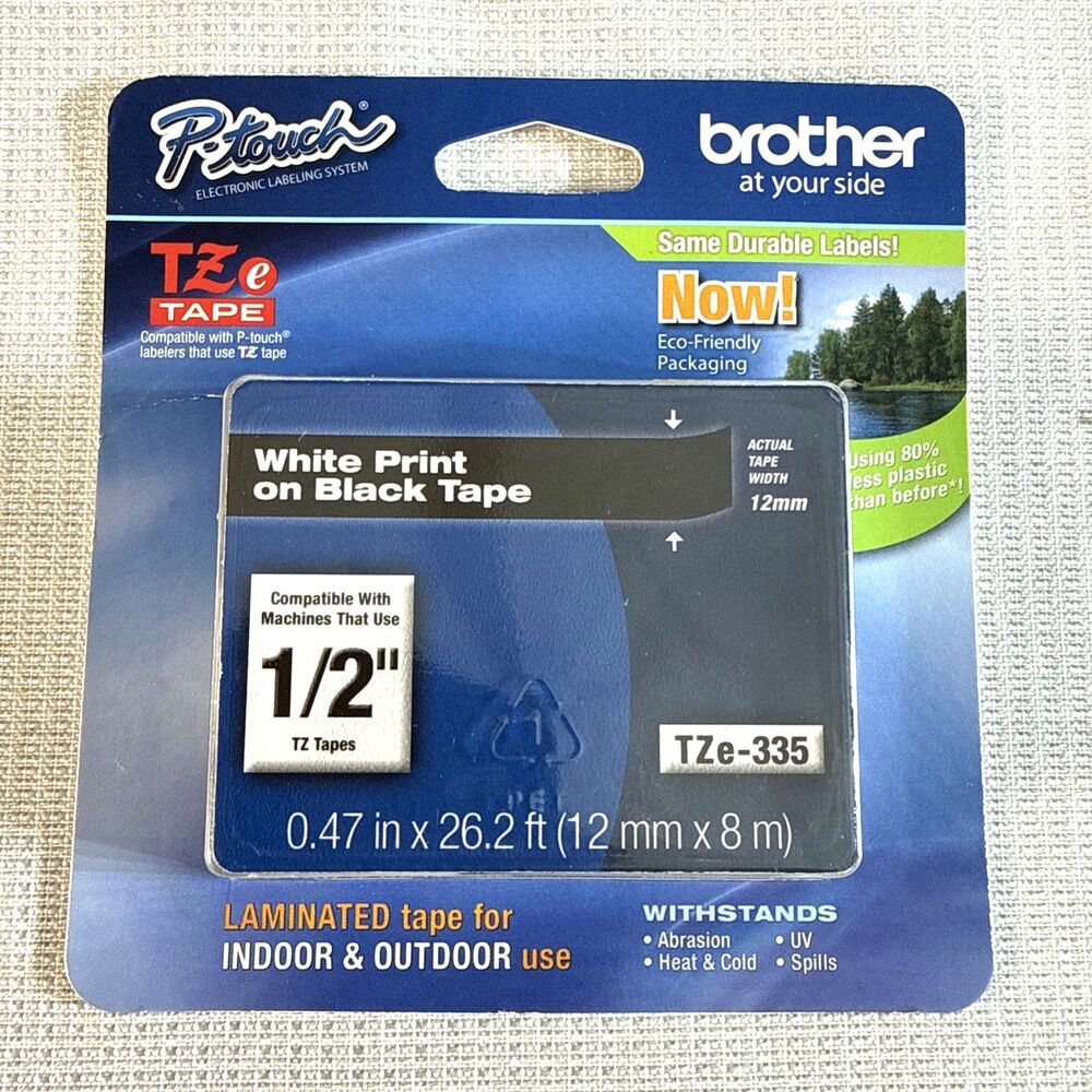 Brother WHITE PRINT ON BLACK Laminated Label Tape 12MM 1/2" Width TZe-335
